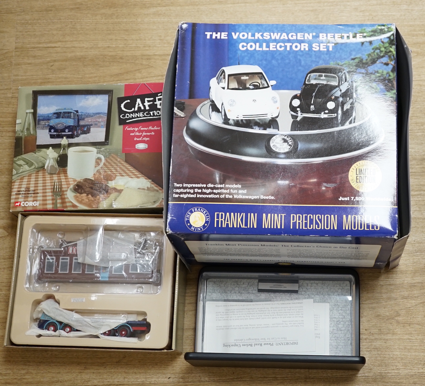 Nineteen boxed diecast commercial vehicles by Corgi Classics, Oxford Diecast, etc. and two Franklin Mint 1:24 scale Volkswagen Beetles